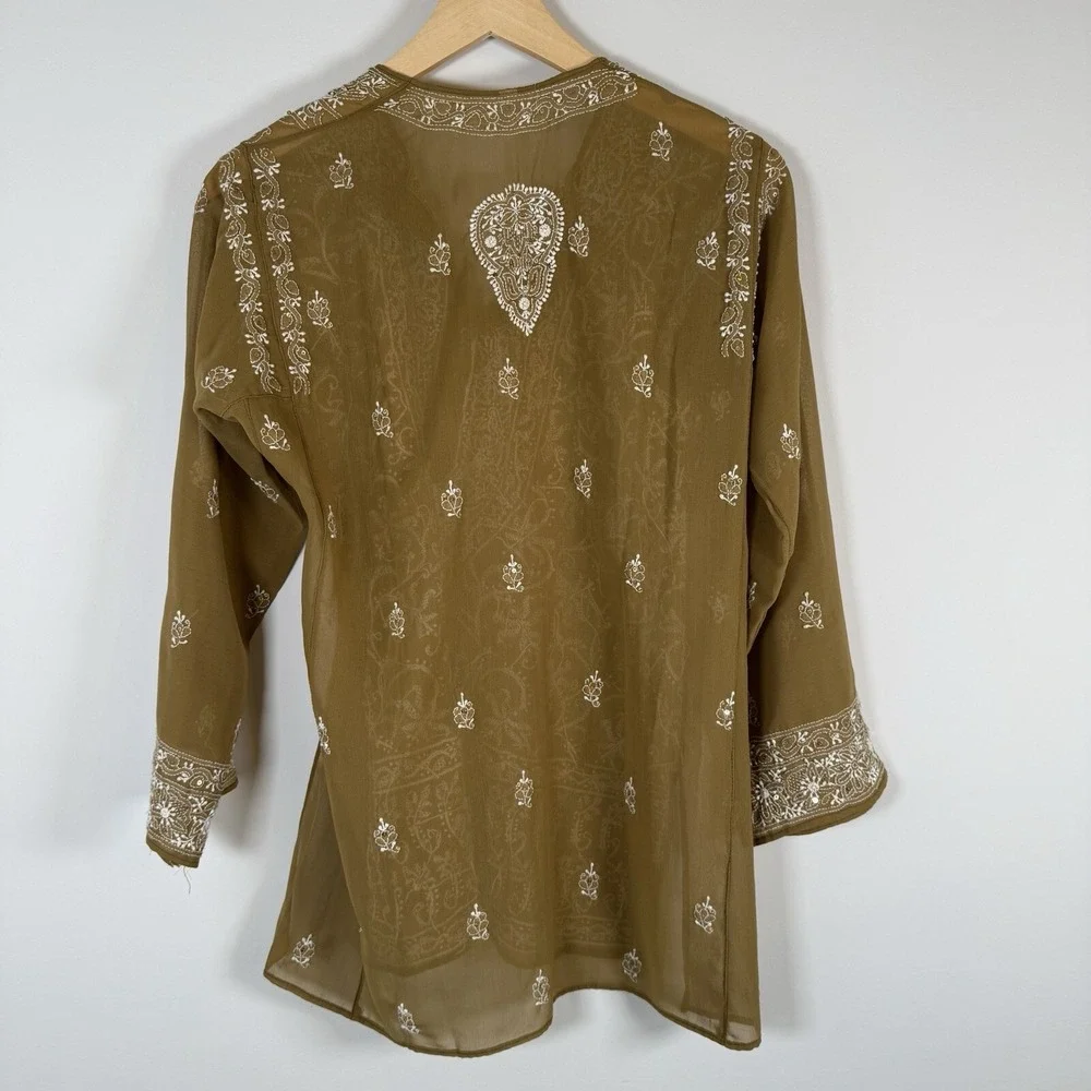 BOHO Semi Sheer Beaded Embroidered Print Pattern Sequin Popover Shirt Top Blouse
